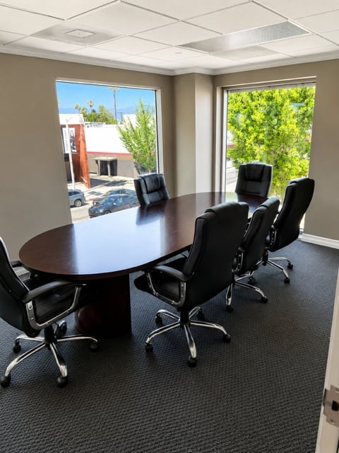 Modern conference room with oval dark table, black office chairs, large windows overlooking outdoor area, and drop ceiling