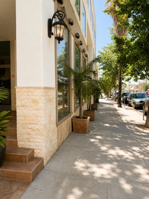 Storefront entrance with beige stone facade, ornate wall sconce, large windows, and potted plants along a shaded sidewalk